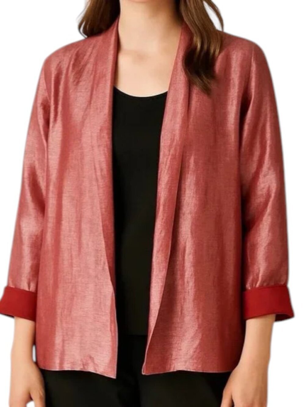 Eileen Fisher Linen Silk Blend Rose Pink Shimmer Open Front Jacket
